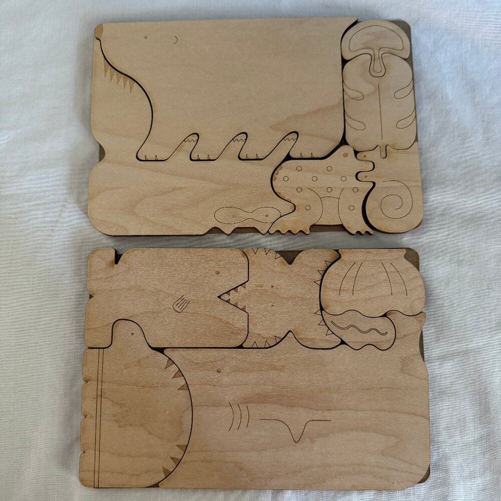 2 CHOMP Ocean & Forest wooden food chain puzzles for ages 3+ w/ drawstring bags